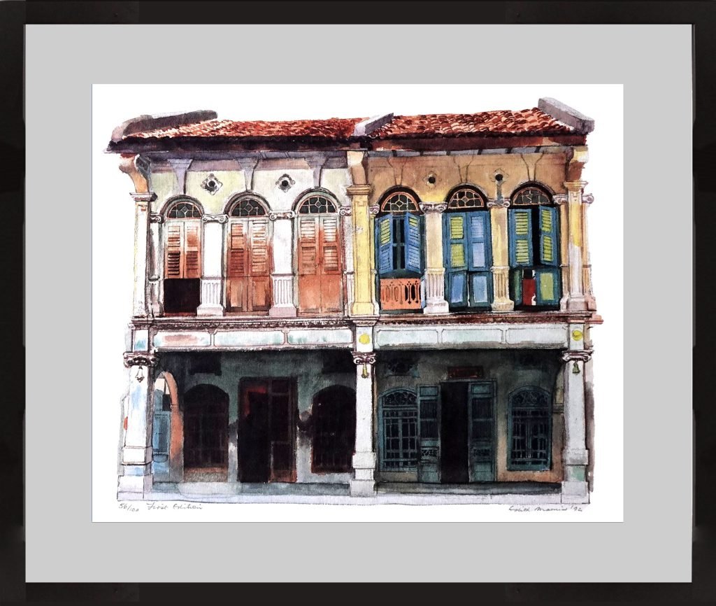 watercolour painting of early Singapore Shophouses Façade